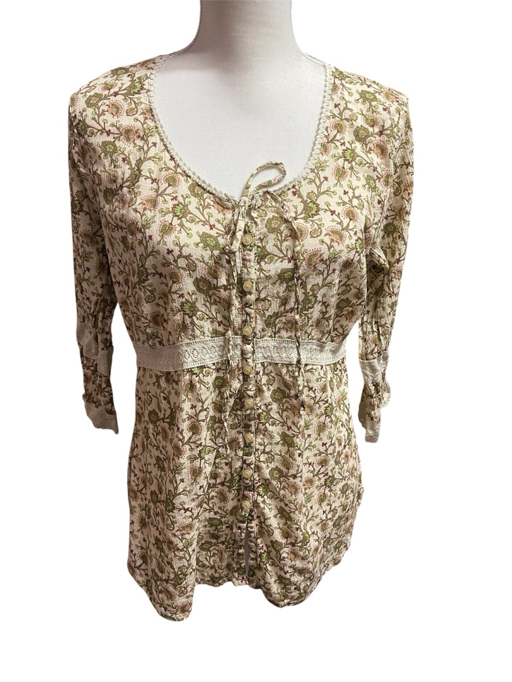 Faded Glory Womens Boho Peasant Floral Lace Blouse Size Large Fairy Cottagecore
